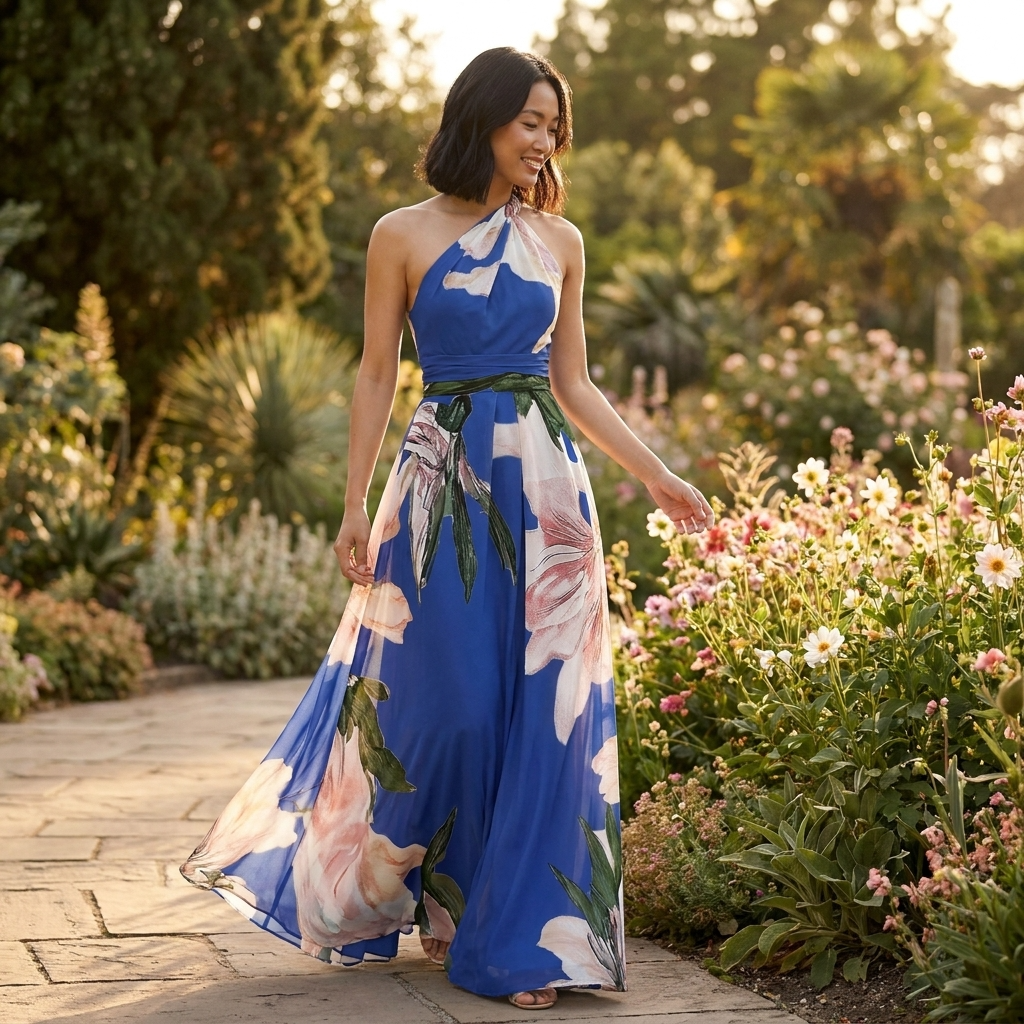 Elegante Maxikleid con stampa floreale per donne – Leggero abito estivo con collo a halter