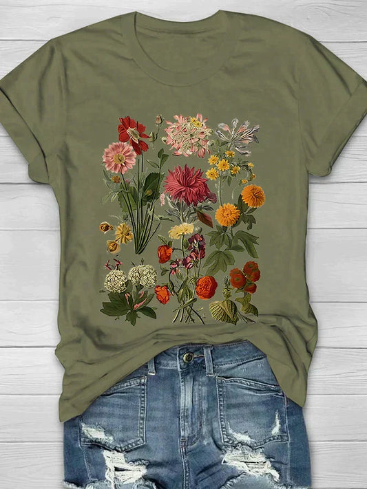 Azéline - T-Shirt Vintage per Donne con Maniche Corte e Stampa Floreale