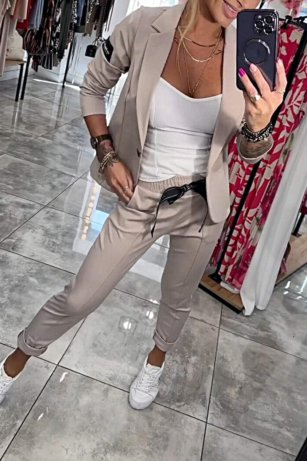 Completo blazer da donna moderno con pantaloni elasticizzati – Elegante outfit a 2 pezzi per ufficio e tempo libero