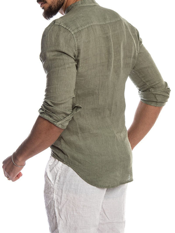 Camicia in lino casual con colletto alto per uomo – Maglietta a maniche lunghe traspirante, elegante e comoda