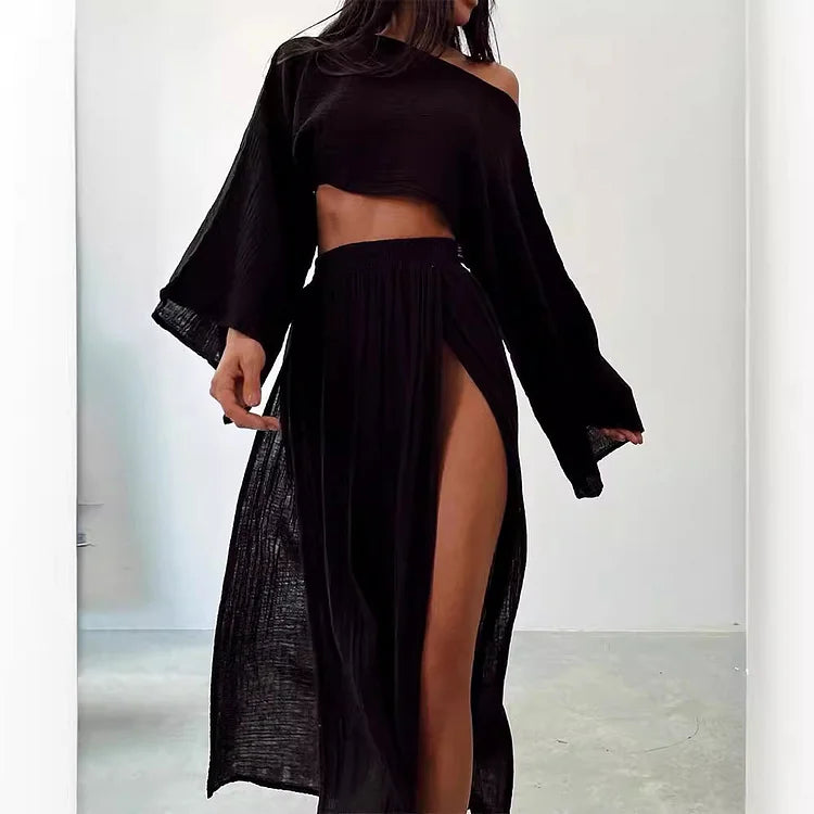 Alizenne - Completo estivo leggero ed elegante in lino per le vacanze, composto da un crop top a maniche lunghe con taglio ampio e una maxi gonna con doppio spacco laterale