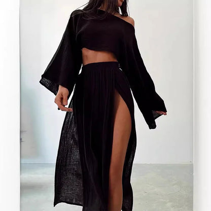 Alizenne - Completo estivo leggero ed elegante in lino per le vacanze, composto da un crop top a maniche lunghe con taglio ampio e una maxi gonna con doppio spacco laterale