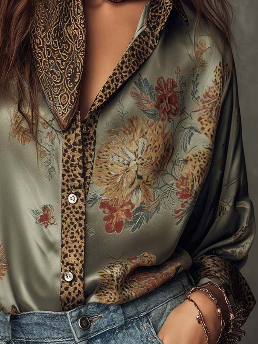 Elegante camicetta in satin con stampa floreale per donne – Camicia a maniche lunghe dal look boho