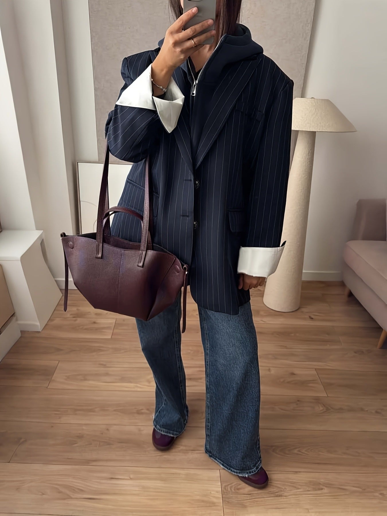 Alixane - Blazer Oversize a righe Blu Scuro per Donne con Bottoni – Giacca Primaverile