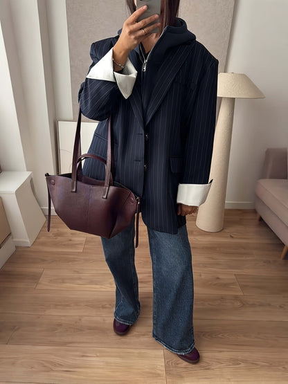 Alixane - Blazer Oversize a righe Blu Scuro per Donne con Bottoni – Giacca Primaverile