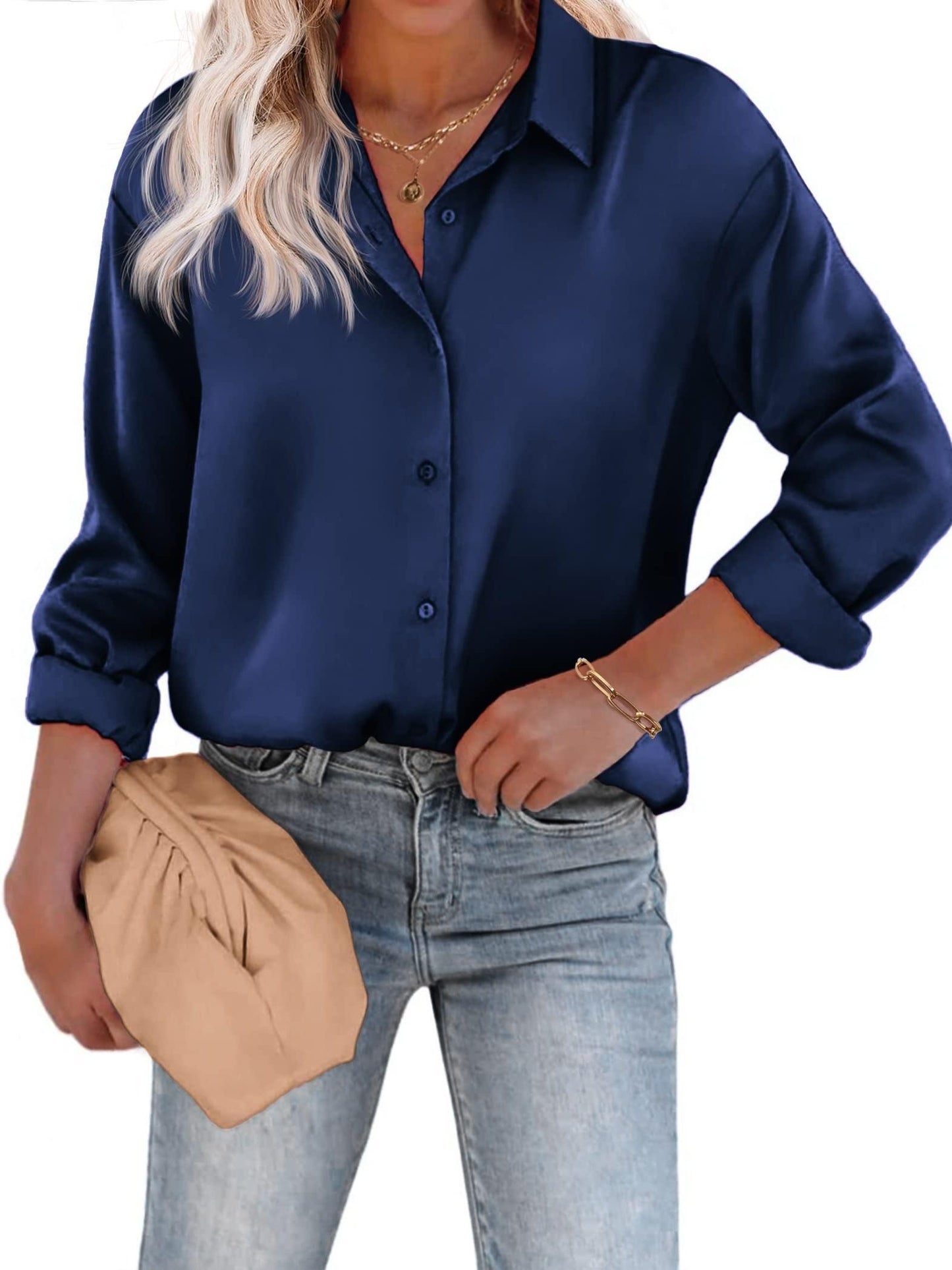 Amélina - Blusa leggera in satin colorato con bottoni e maniche lunghe