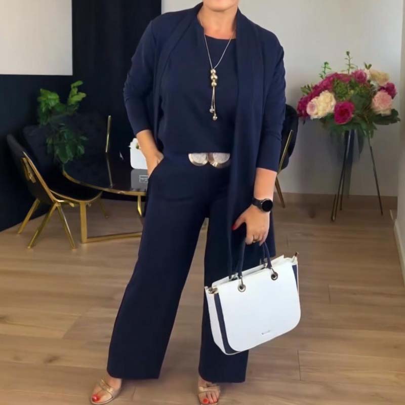 Mirevel - Set di Tre Pezzi per Donne, Comodo ed Elegante, composto da un Top, un Blazer e un Pantalone in Colore Unito