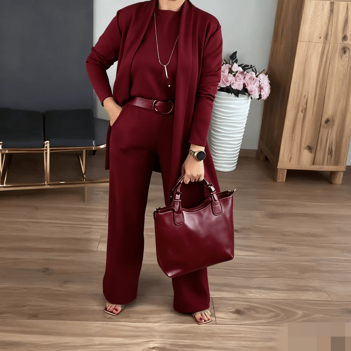Mirevel - Set di Tre Pezzi per Donne, Comodo ed Elegante, composto da un Top, un Blazer e un Pantalone in Colore Unito