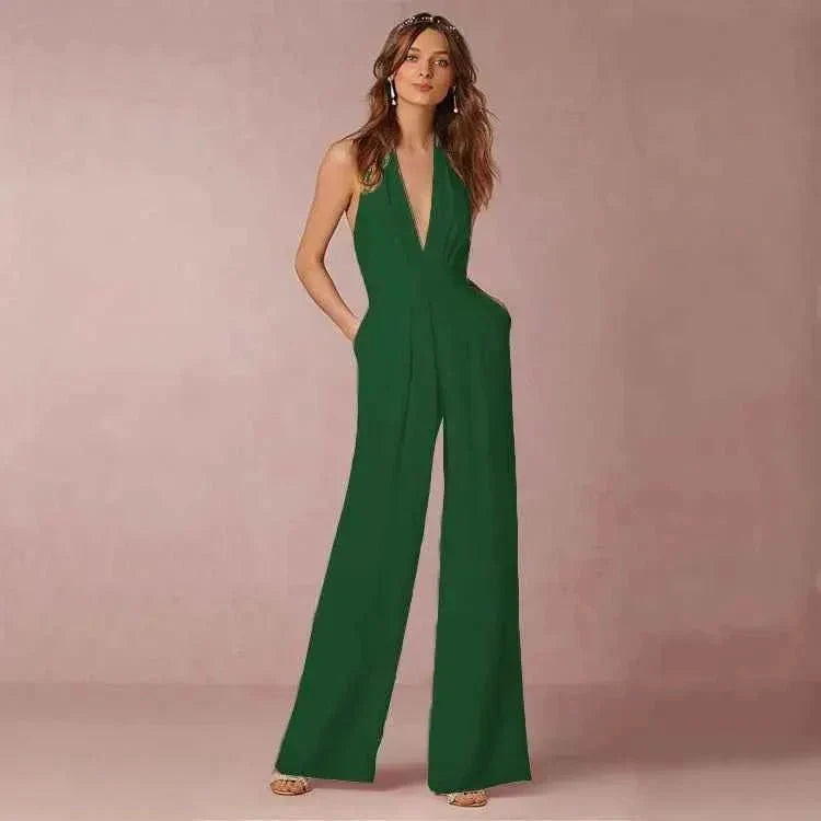 Elegante tuta con scollo a halter e gamba larga – Tuta senza schiena per donne