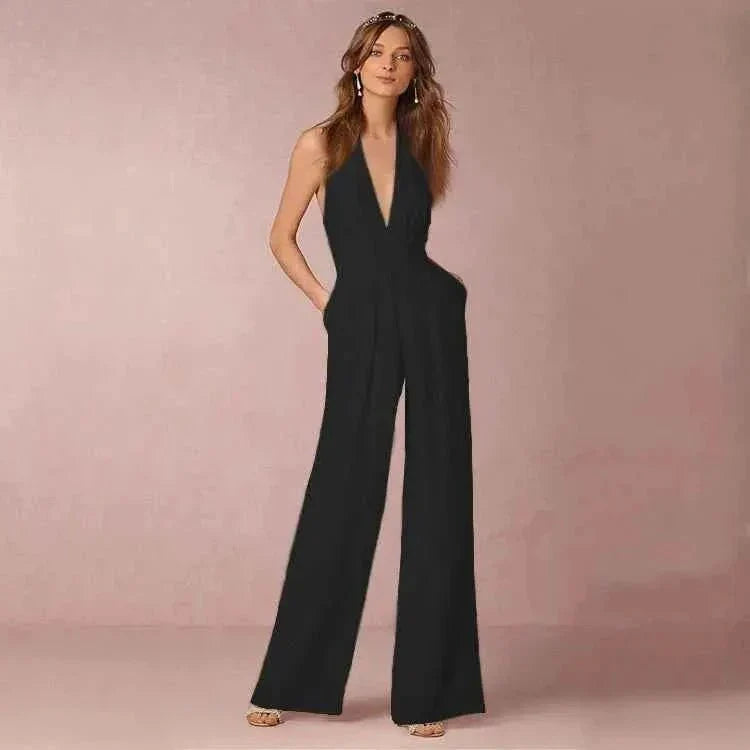 Elegante tuta con scollo a halter e gamba larga – Tuta senza schiena per donne
