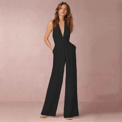 Elegante tuta con scollo a halter e gamba larga – Tuta senza schiena per donne