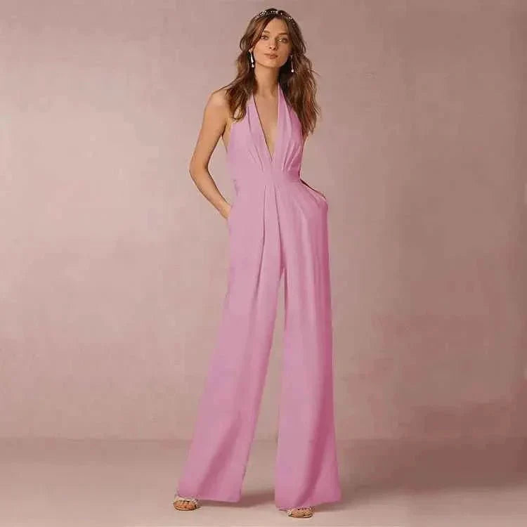 Elegante tuta con scollo a halter e gamba larga – Tuta senza schiena per donne