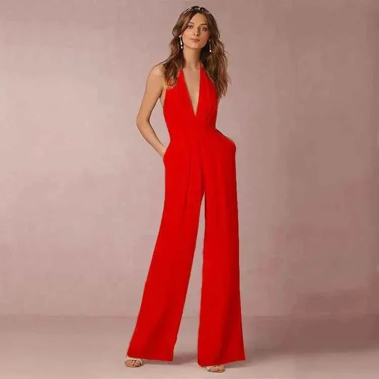 Elegante tuta con scollo a halter e gamba larga – Tuta senza schiena per donne