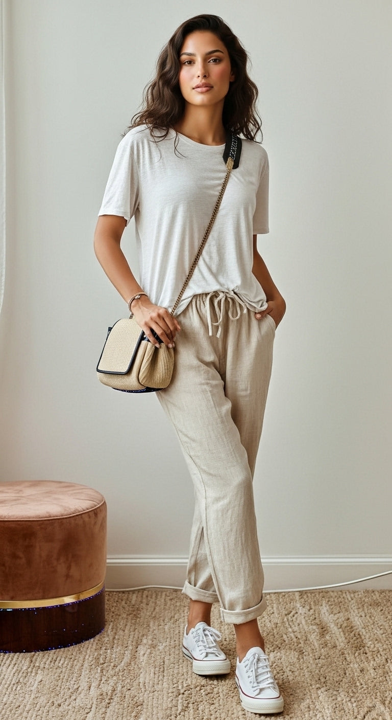 Giselle - Pantaloni larghi in lino per donne, Outfit estivo casual
