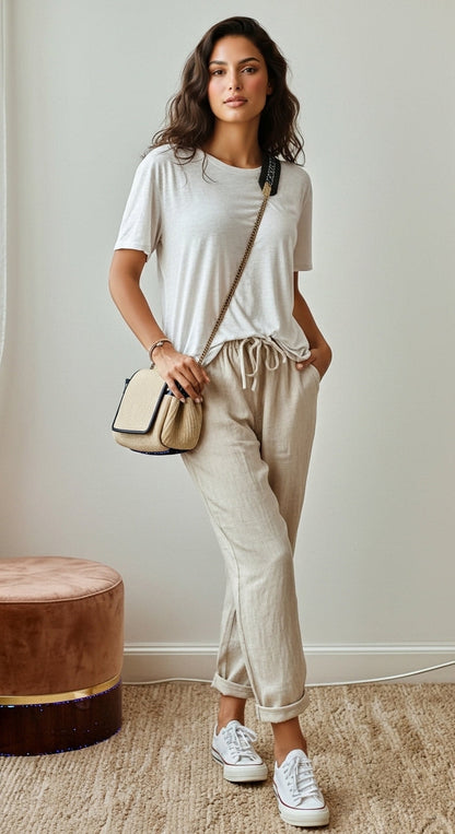 Giselle - Pantaloni larghi in lino per donne, Outfit estivo casual