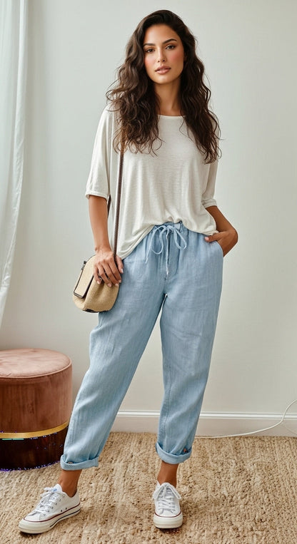 Giselle - Pantaloni larghi in lino per donne, Outfit estivo casual