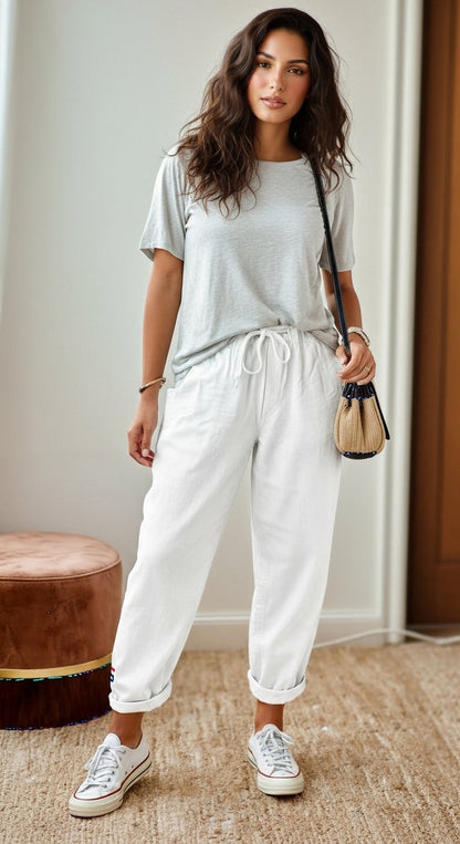 Giselle - Pantaloni larghi in lino per donne, Outfit estivo casual