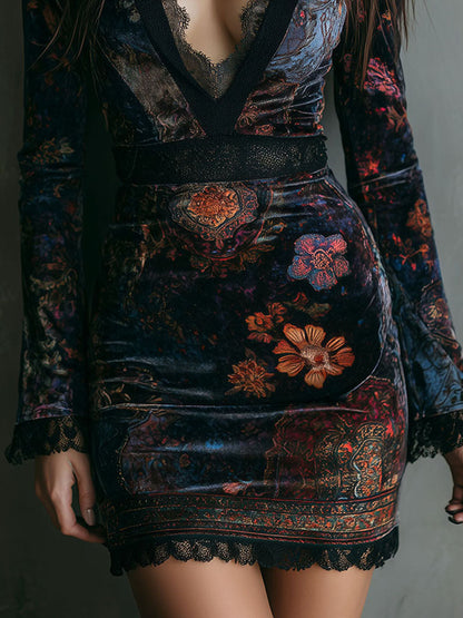 Bavelle - Mini-abito in velluto con motivo floreale Boho, scollo a V e pizzo