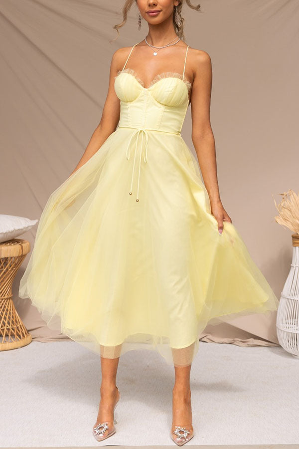 Aurélina - Abito Midi Estivo con Corsetto per Donne, Gonna in Tulle e Spalline a Spaghetti