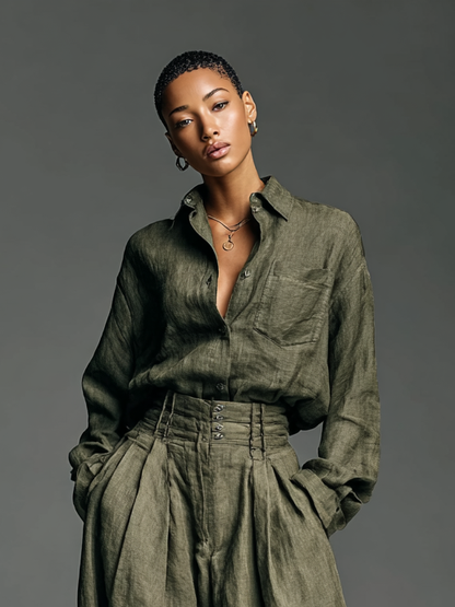 Laurélise - Completo due pezzi per donne, composto da una camicia a maniche lunghe in misto cotone-lino e pantaloni larghi