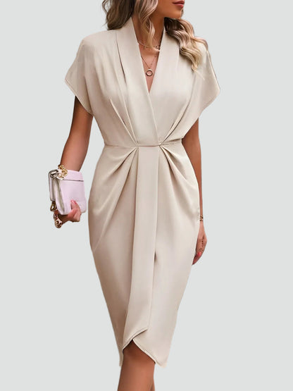 Abito midi aderente con drappeggio – Elegante vestito con scollo a V per donne