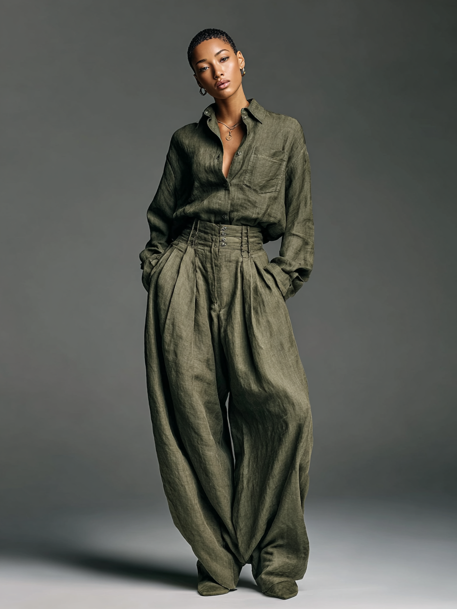 Laurélise - Completo due pezzi per donne, composto da una camicia a maniche lunghe in misto cotone-lino e pantaloni larghi