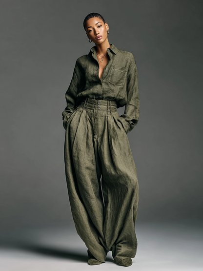 Laurélise - Completo due pezzi per donne, composto da una camicia a maniche lunghe in misto cotone-lino e pantaloni larghi