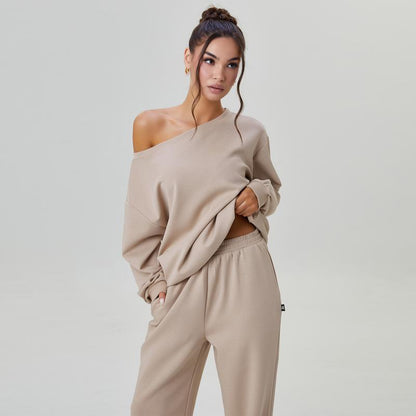 Set Lounge da Donna Casual con Sweatshirt a Spalla Scoperta – Comodo Due Pezzi con Pantaloni Larghi