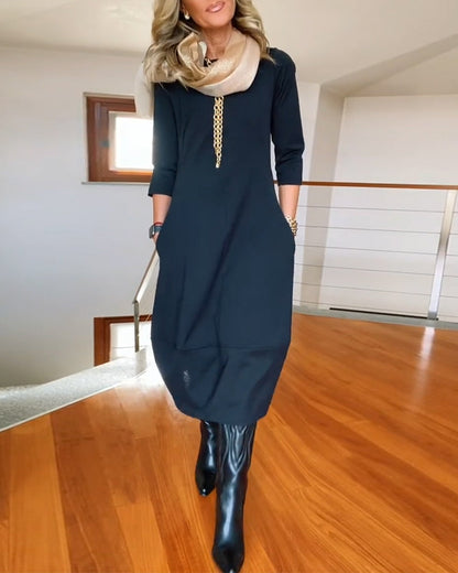Claire - Abito midi elegante e comodo con scollo a barca, maniche 3/4 e tasche