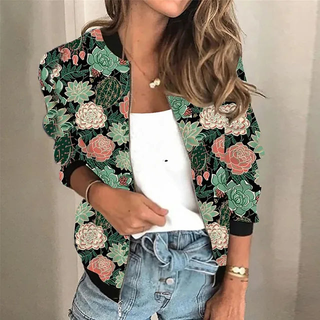 Giacca bomber floreale per donne con stampa – Giacca leggera per il tempo libero, elegante e versatile