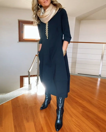 Claire - Abito midi elegante e comodo con scollo a barca, maniche 3/4 e tasche