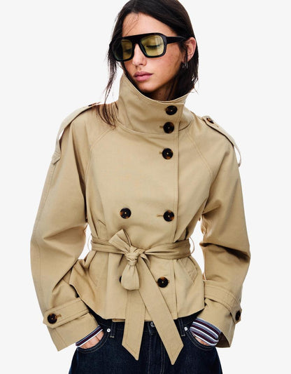 Elvire - Trench corto primaverile alla moda per donne, con bottoni e cintura in vita