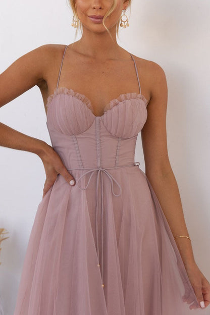 Aurélina - Abito Midi Estivo con Corsetto per Donne, Gonna in Tulle e Spalline a Spaghetti