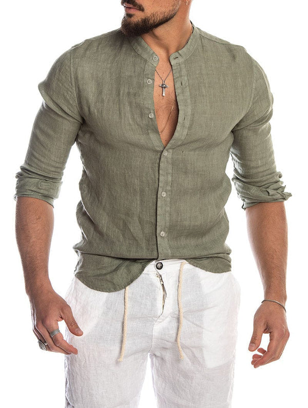 Camicia in lino casual con colletto alto per uomo – Maglietta a maniche lunghe traspirante, elegante e comoda