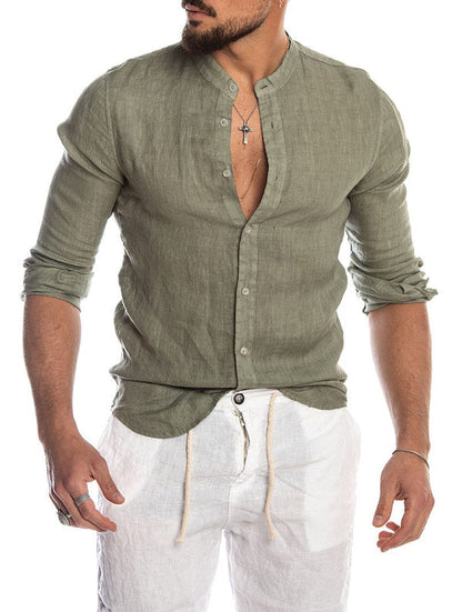 Camicia in lino casual con colletto alto per uomo – Maglietta a maniche lunghe traspirante, elegante e comoda