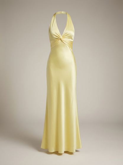 Elegante maxigonna con scollo a halter per donne – Abito da sera in satin con dettaglio twist e silhouette fluida