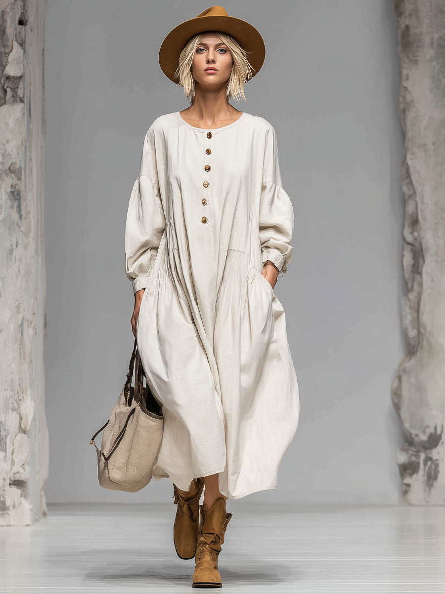 Abito midi con bottoni per donna – Vestito boho morbido con maniche a palloncino e tasche pratiche