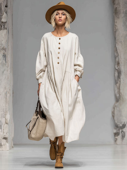 Abito midi con bottoni per donna – Vestito boho morbido con maniche a palloncino e tasche pratiche