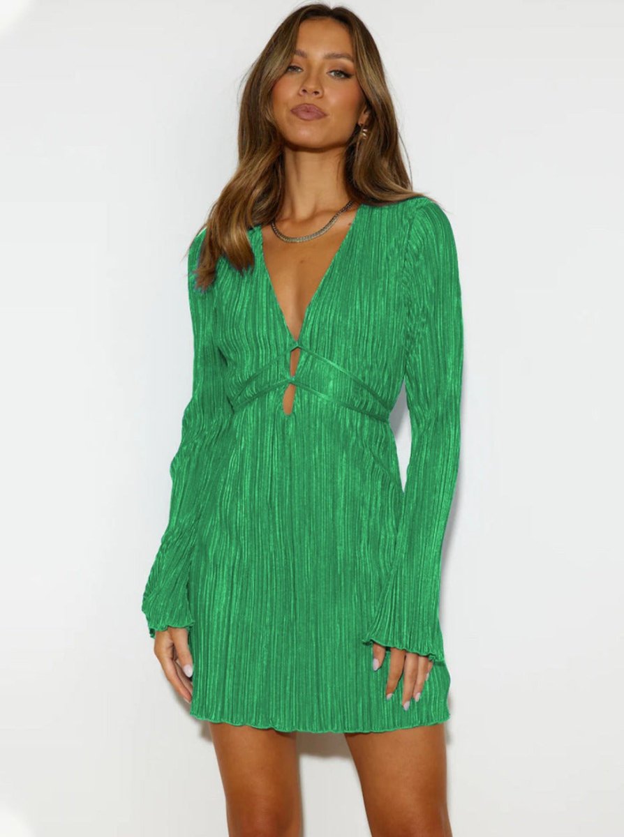 Abito mini plissettato da donna con scollatura a V – Elegante abito da festa con maniche lunghe