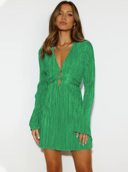 Abito mini plissettato da donna con scollatura a V – Elegante abito da festa con maniche lunghe