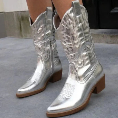 Lunéaëlle - Stivali da Cowboy Ricamati Metallici in Stile Western | Must-Have Moda per Primavera e Festival