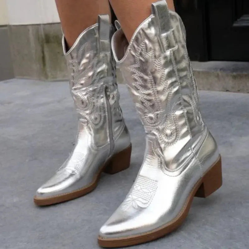 Lunéaëlle - Stivali Cowboy Ricamati Metallici in Stile Western | Must-Have Moda per Primavera e Festival