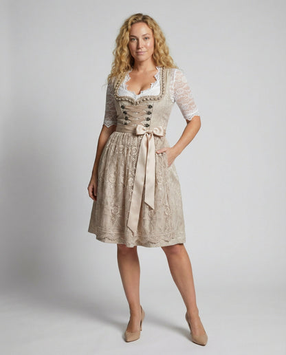 Abito Dirndl Elegante in Pizzo per Donne – Vestito Tradizionale Attillato con Fiocco e Charme Vintage