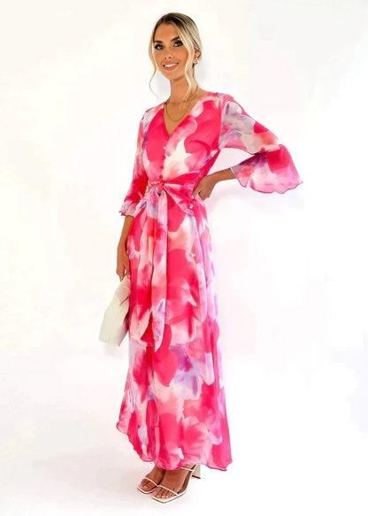 Abito maxi fluido con stampa floreale e cintura in vita per donne – Elegante abito estivo con scollatura a V