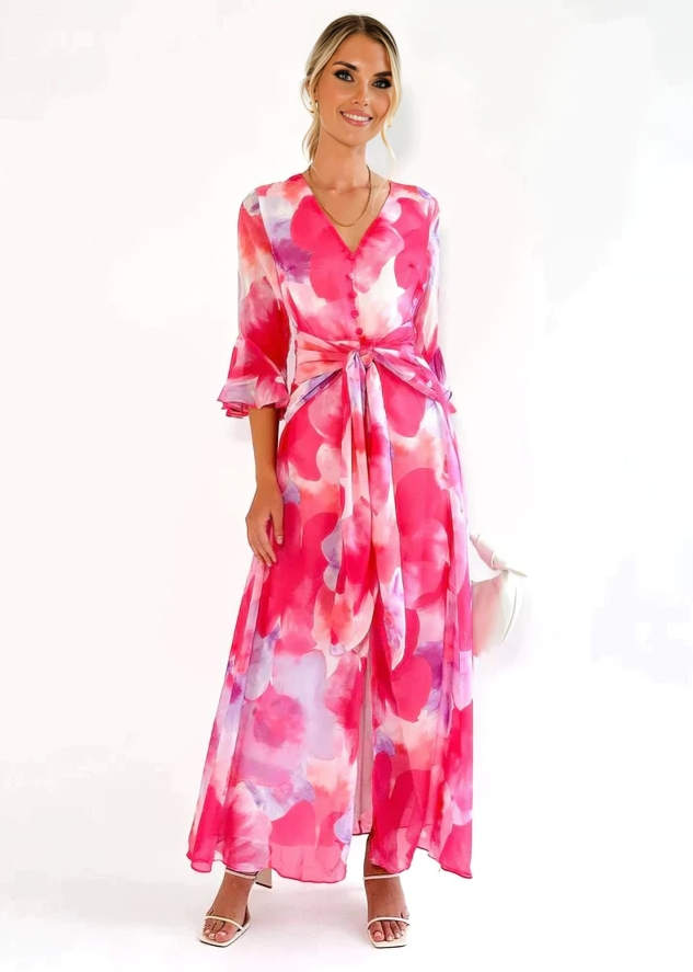 Abito maxi fluido con stampa floreale e cintura in vita per donne – Elegante abito estivo con scollatura a V