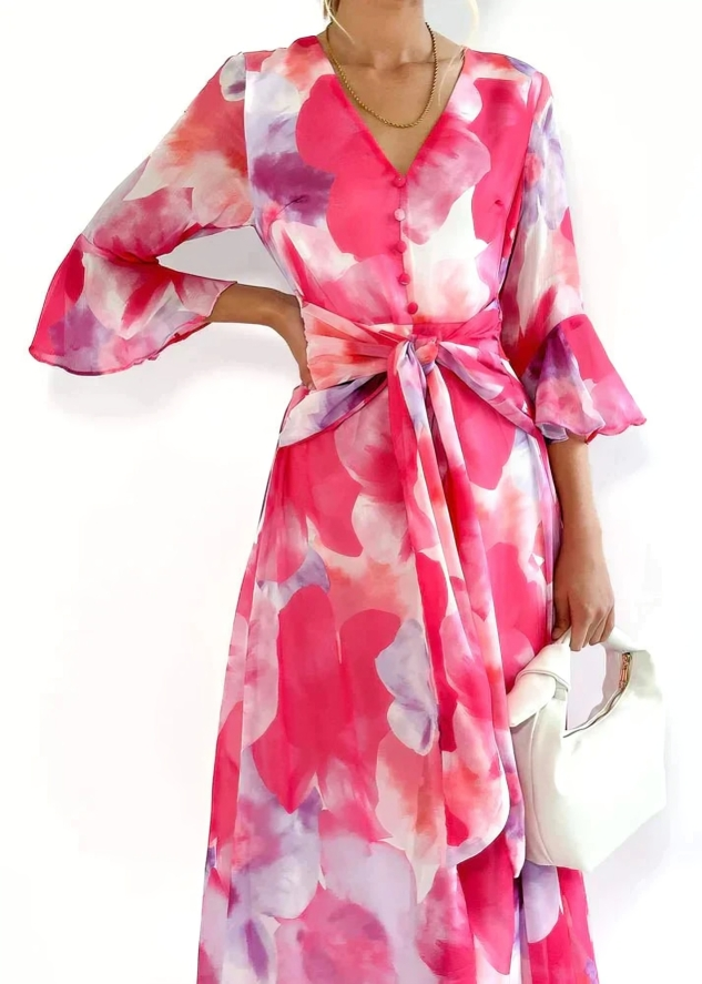 Abito maxi fluido con stampa floreale e cintura in vita per donne – Elegante abito estivo con scollatura a V