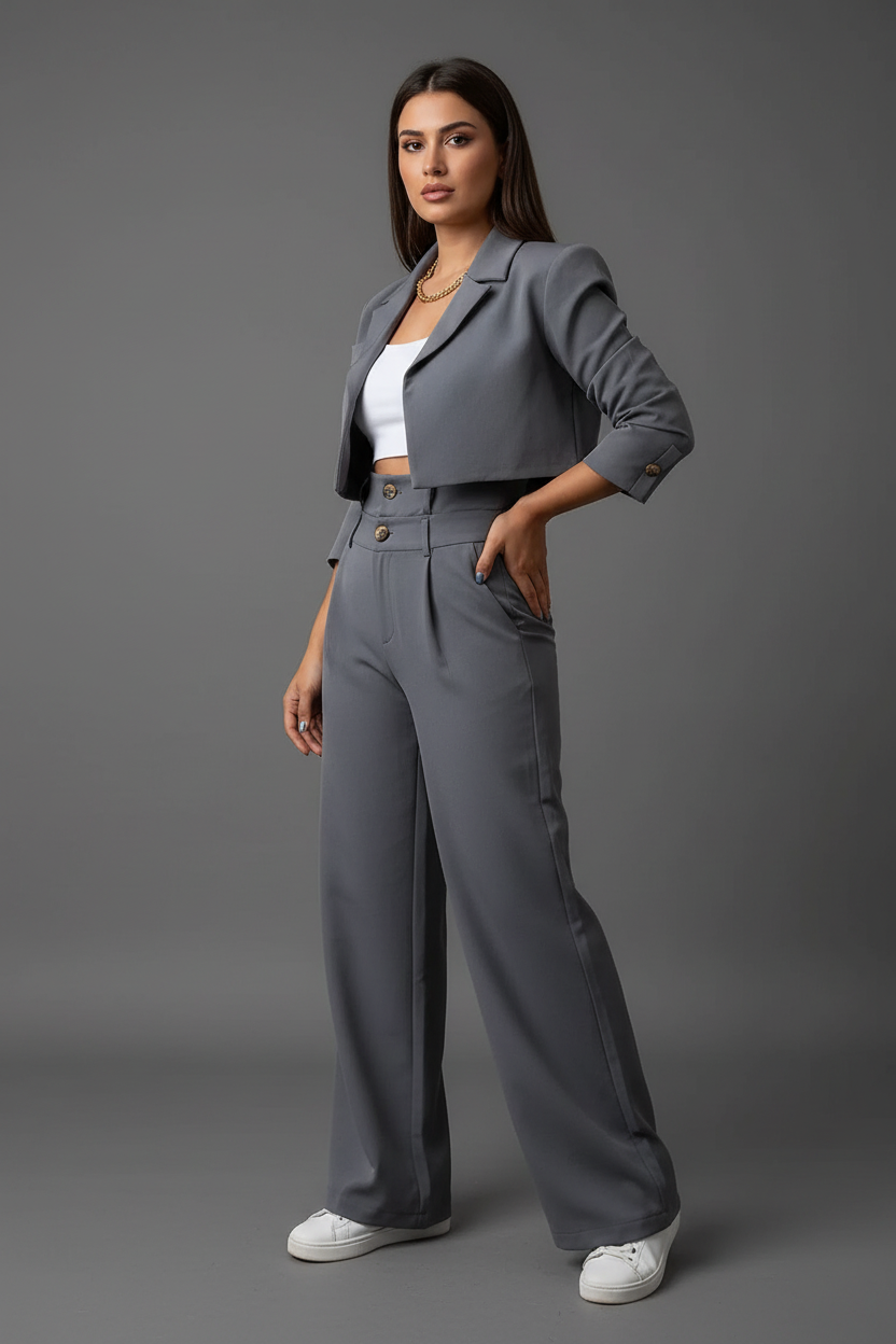 Elegante Set di Completo Pantaloni a 2 Pezzi per Donne – Blazer Corto & Pantaloni a Vita Alta