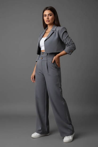 Elegante Set di Completo Pantaloni a 2 Pezzi per Donne – Blazer Corto & Pantaloni a Vita Alta