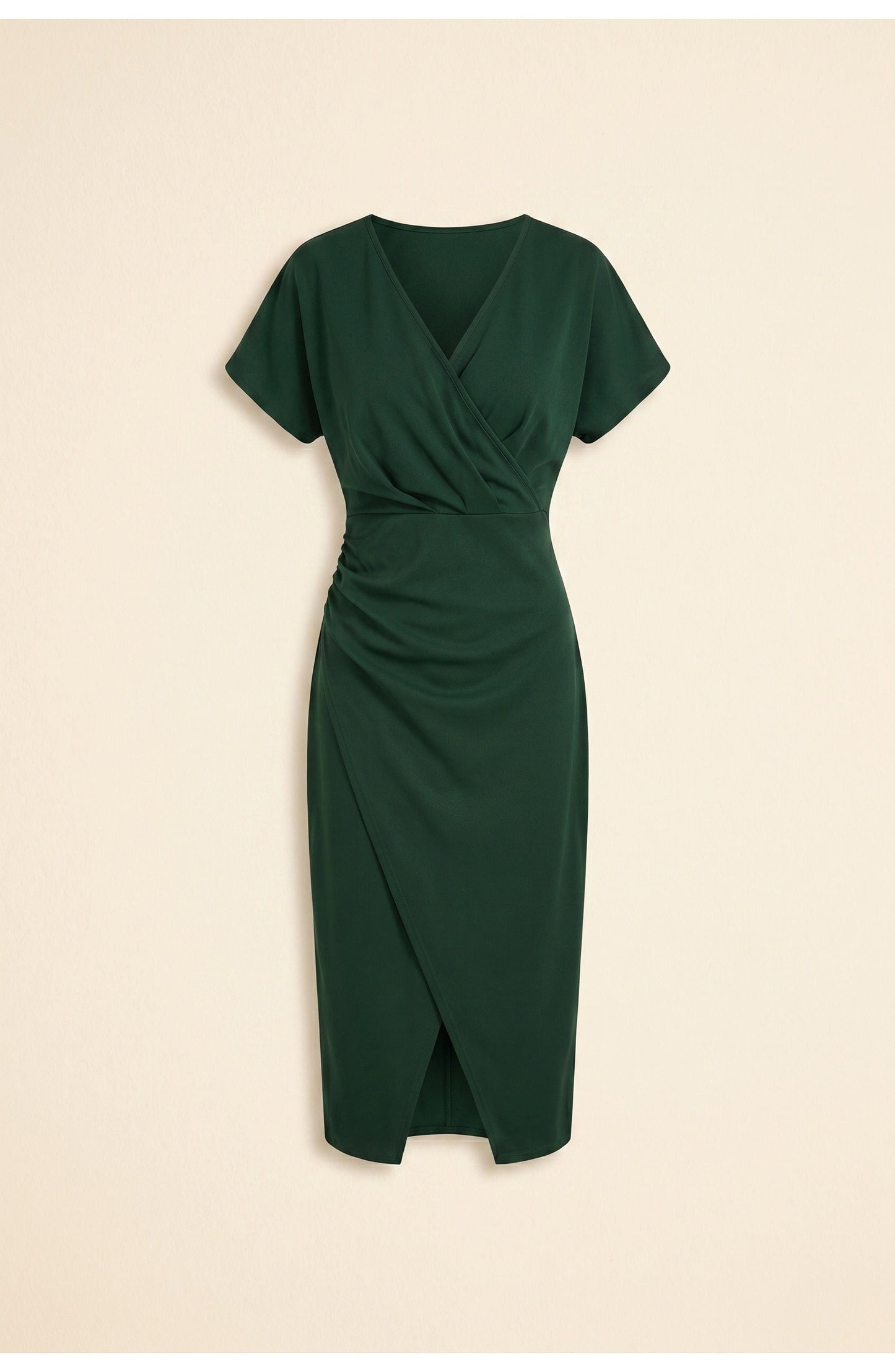 Abito avvolgente elegante con scollatura a V per donne – Abito midi aderente con arricciatura in vita e spacco