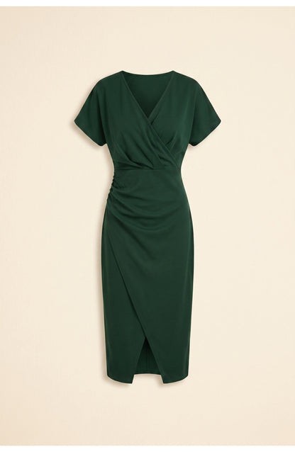 Abito avvolgente elegante con scollatura a V per donne – Abito midi aderente con arricciatura in vita e spacco